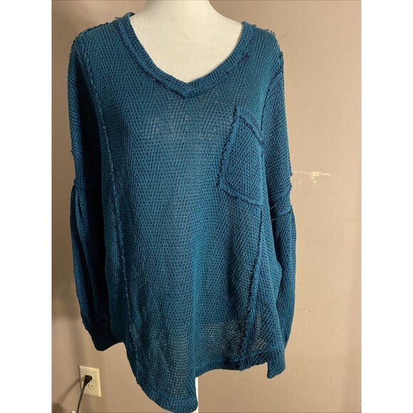 Free People Sz S O/S V-Neck Green Sweater Loose Knit Front Pocket Balloon Sleeve - Picture 1 of 10